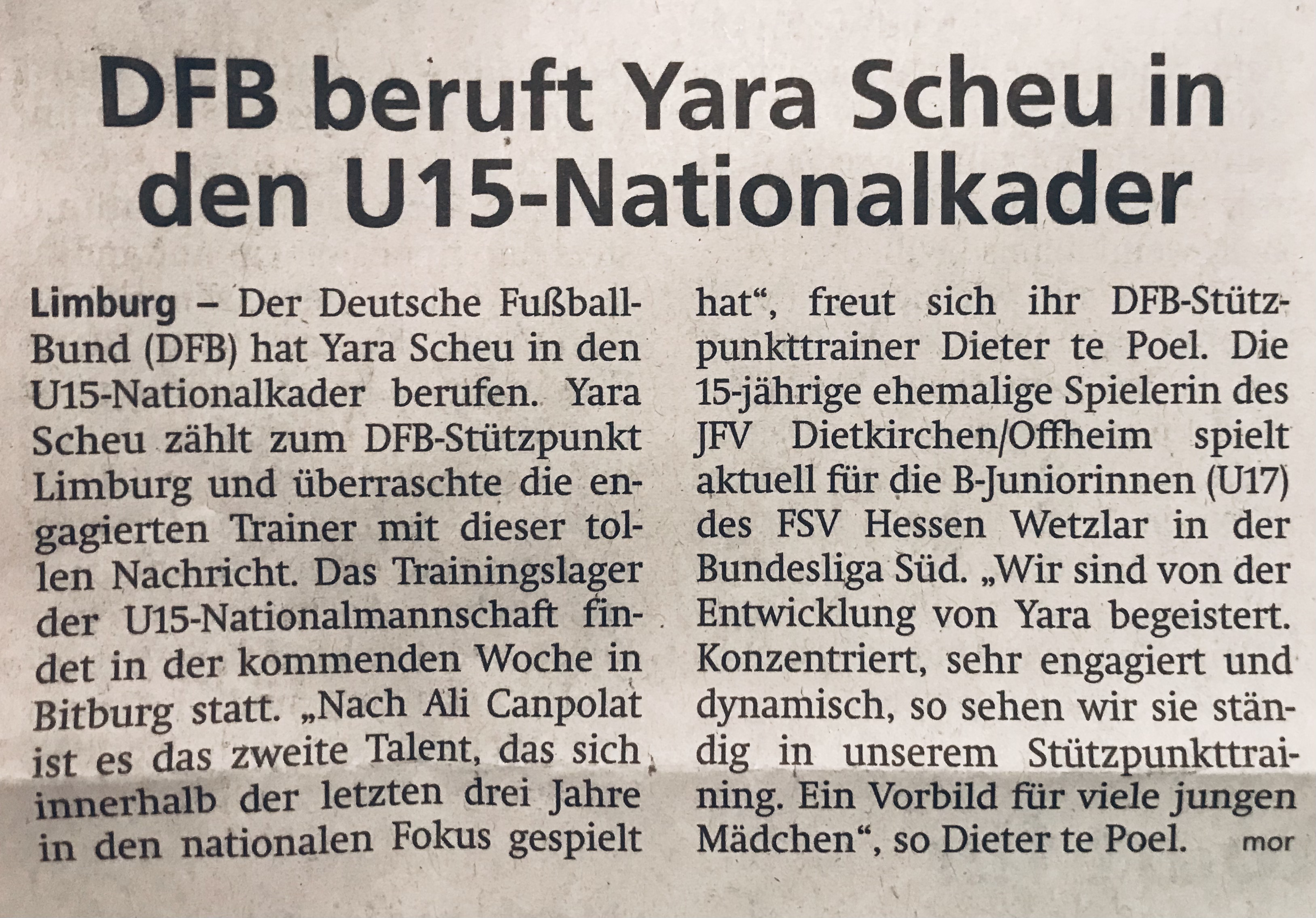 DFB beruft Yara Scheu in den U15-Nationalkader